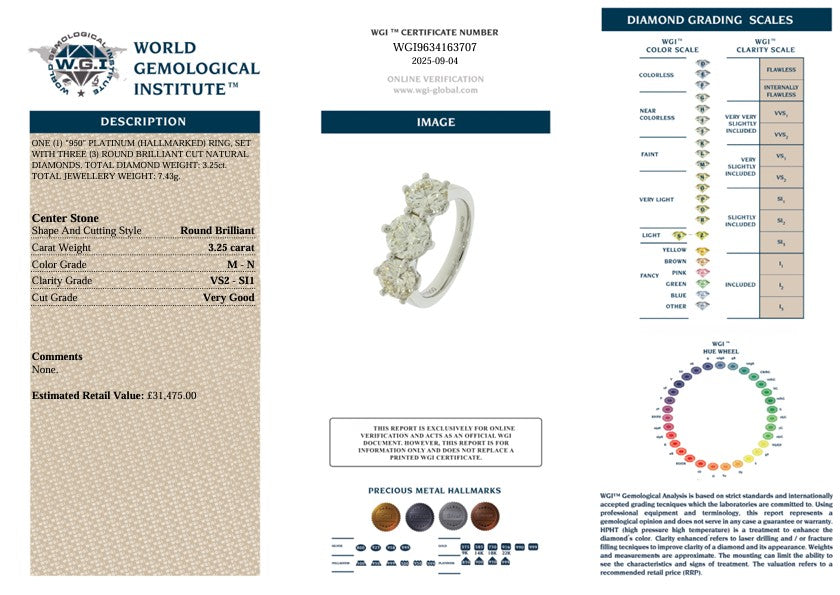 3.25CT PLATINUM DIAMOND TRILOGY RING