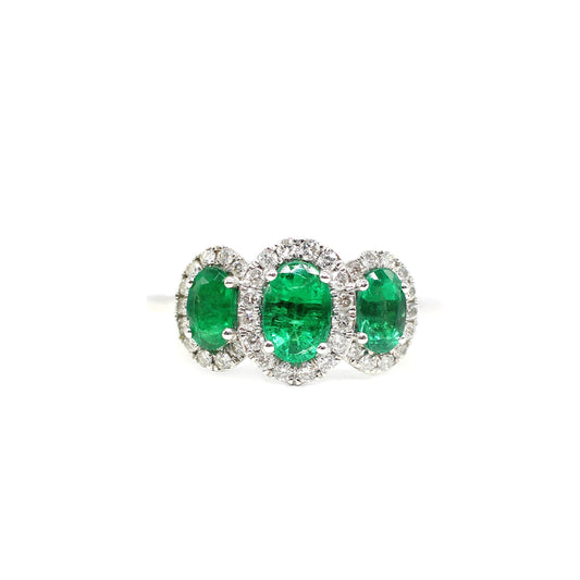 PLATINUM EMERALD & DIAMOND TRILOGY HALO RING