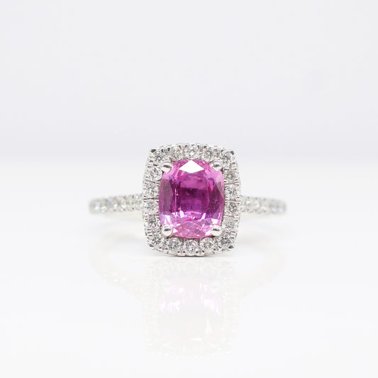 PLATINUM PINK SAPPHIRE & DIAMOND HALO RING