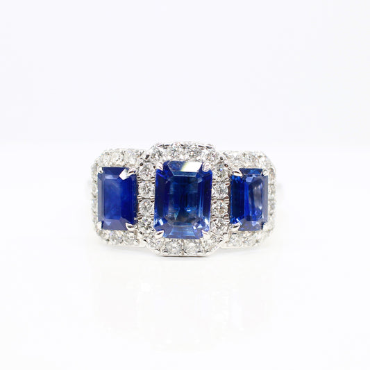 PLATINUM SAPPHIRE & DIAMOND TRILOGY HALO RING