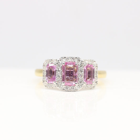 18K PINK SAPPHIRE & DIAMOND TRILOGY HALO RING