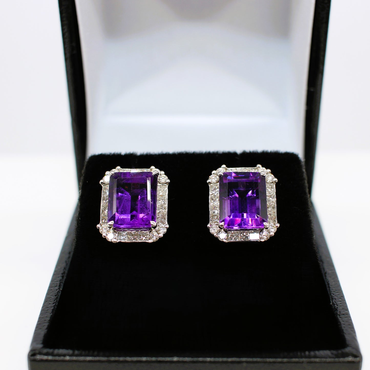 18K AMETHYST & DIAMOND HALO EAR STUDS