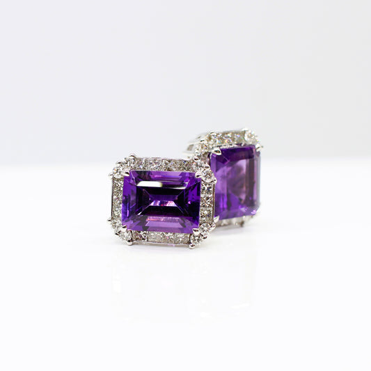18K AMETHYST & DIAMOND HALO EAR STUDS