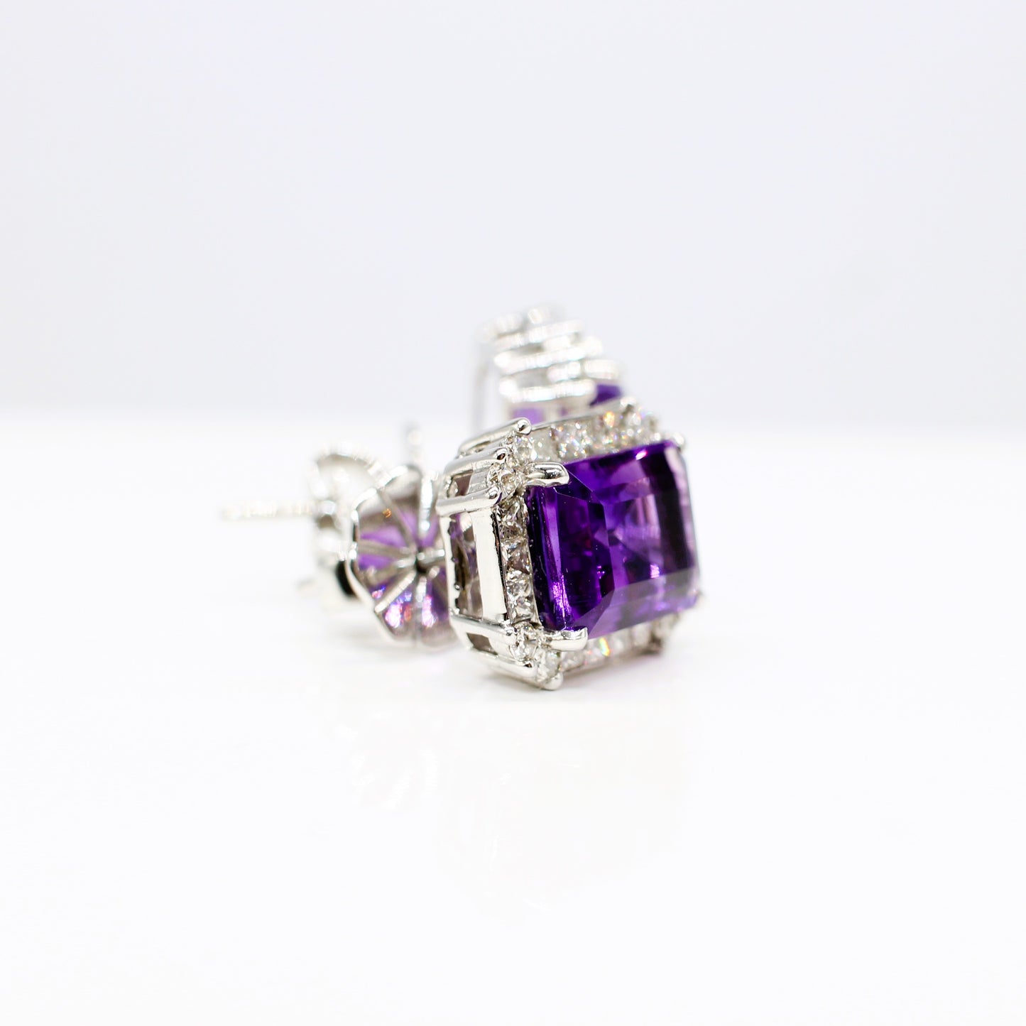 18K AMETHYST & DIAMOND HALO EAR STUDS