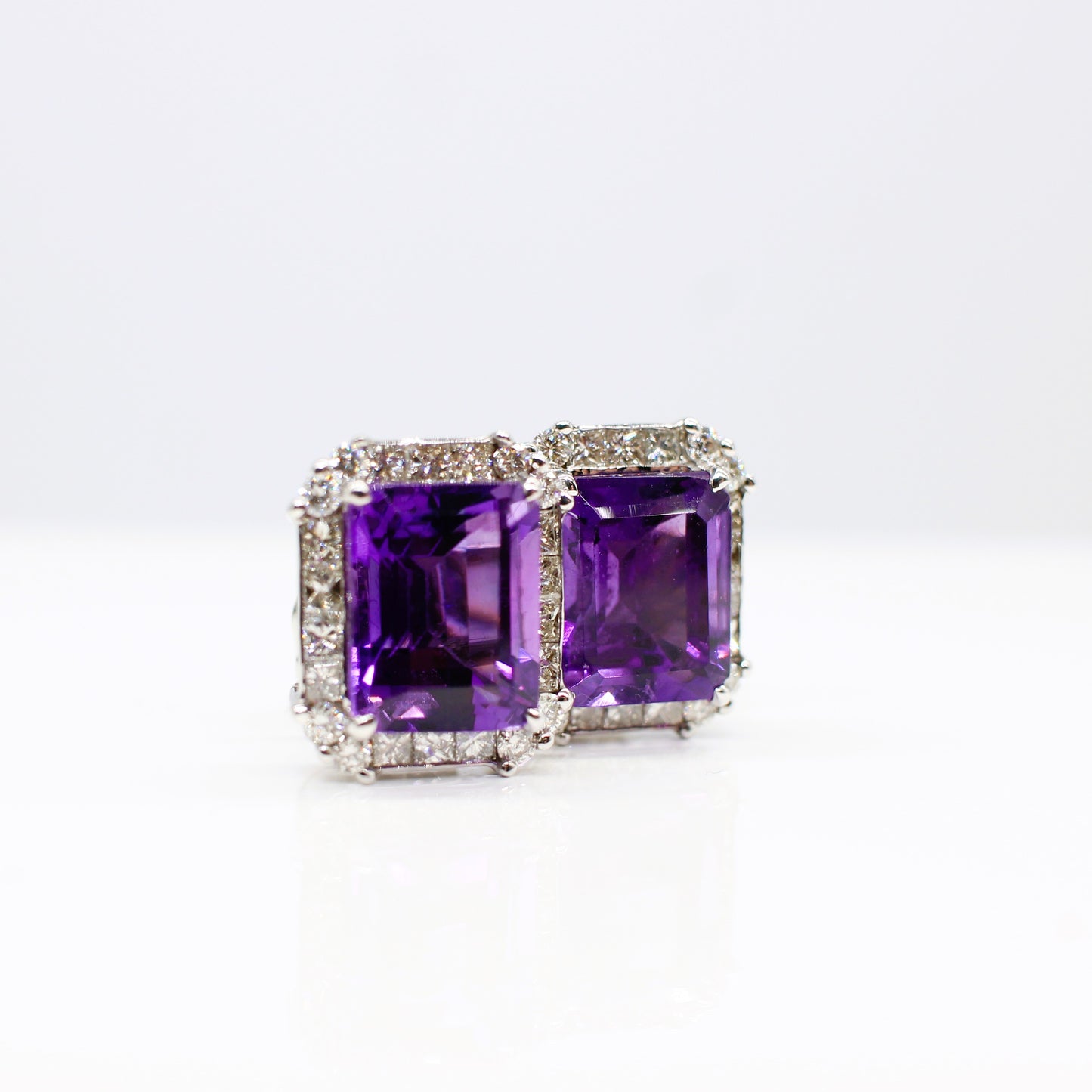 18K AMETHYST & DIAMOND HALO EAR STUDS
