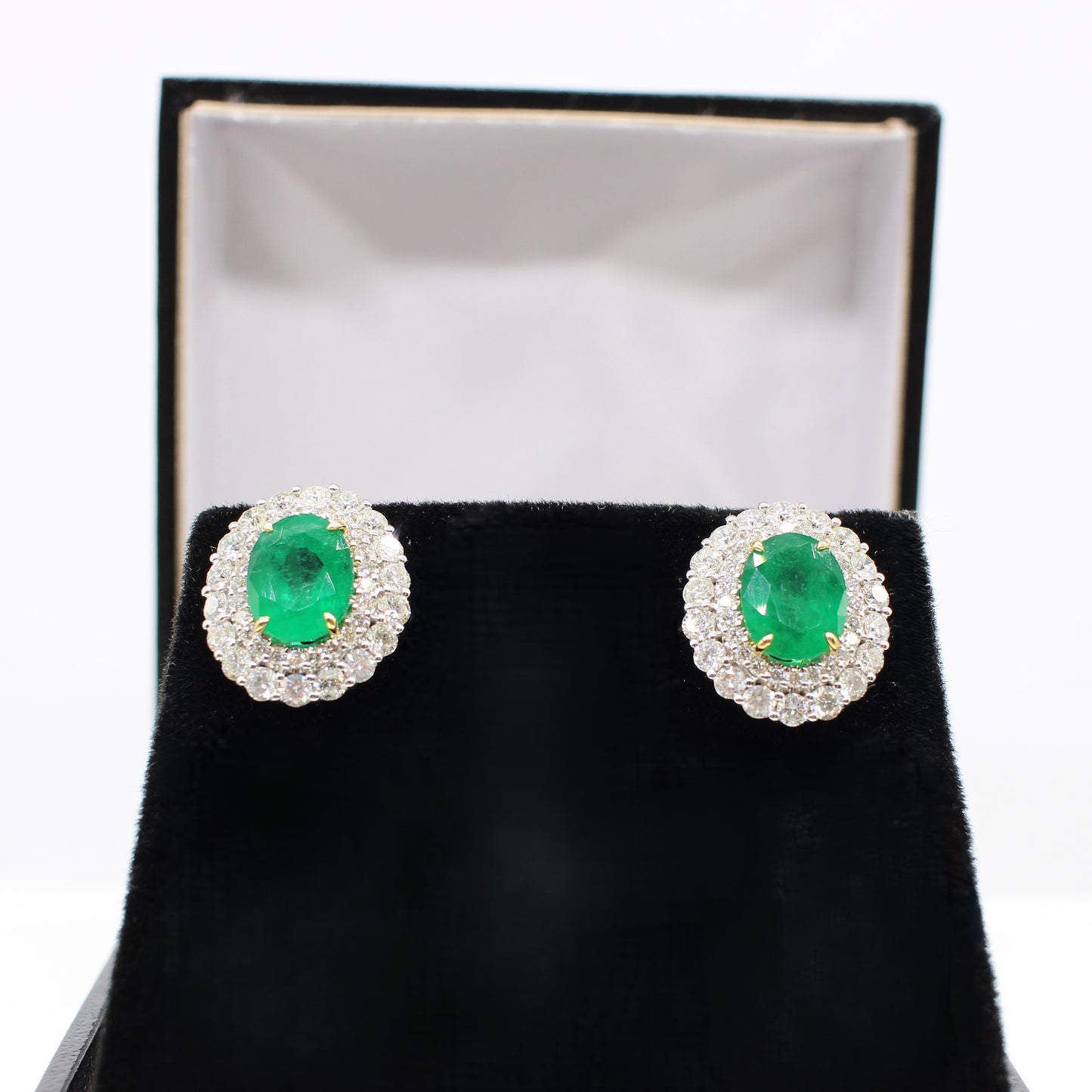 18K EMERALD & DIAMOND DOUBLE HALO EAR STUDS