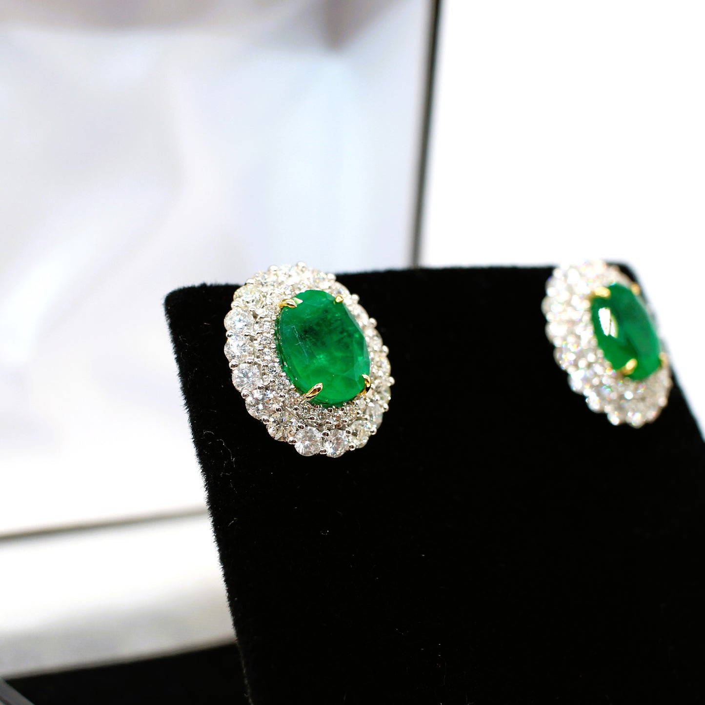 18K EMERALD & DIAMOND DOUBLE HALO EAR STUDS