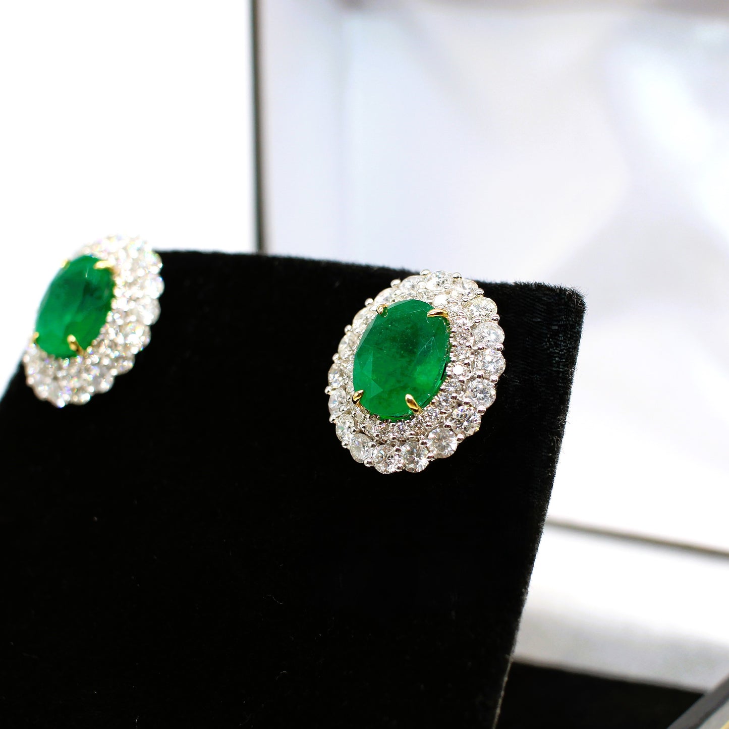 18K EMERALD & DIAMOND DOUBLE HALO EAR STUDS