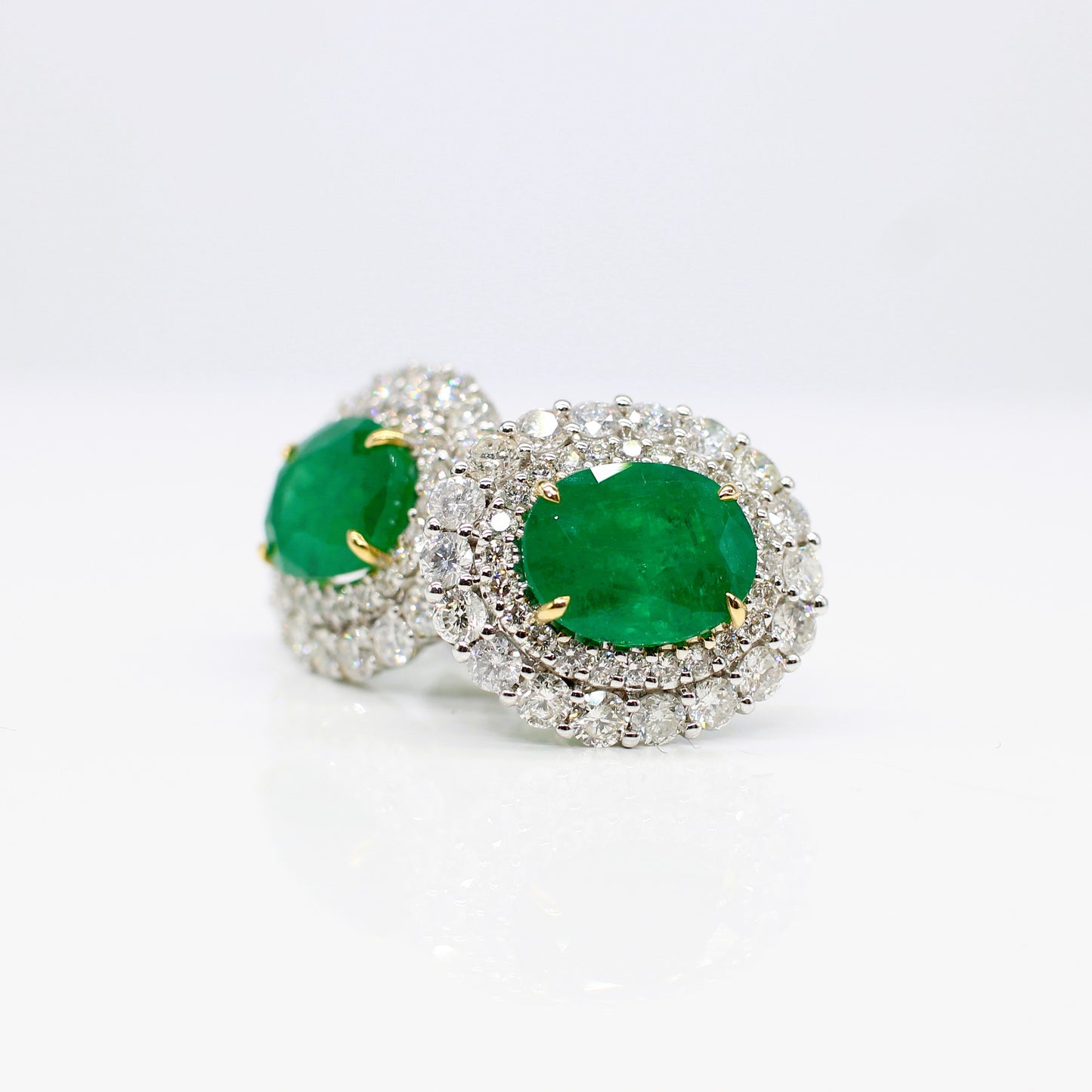 18K EMERALD & DIAMOND DOUBLE HALO EAR STUDS