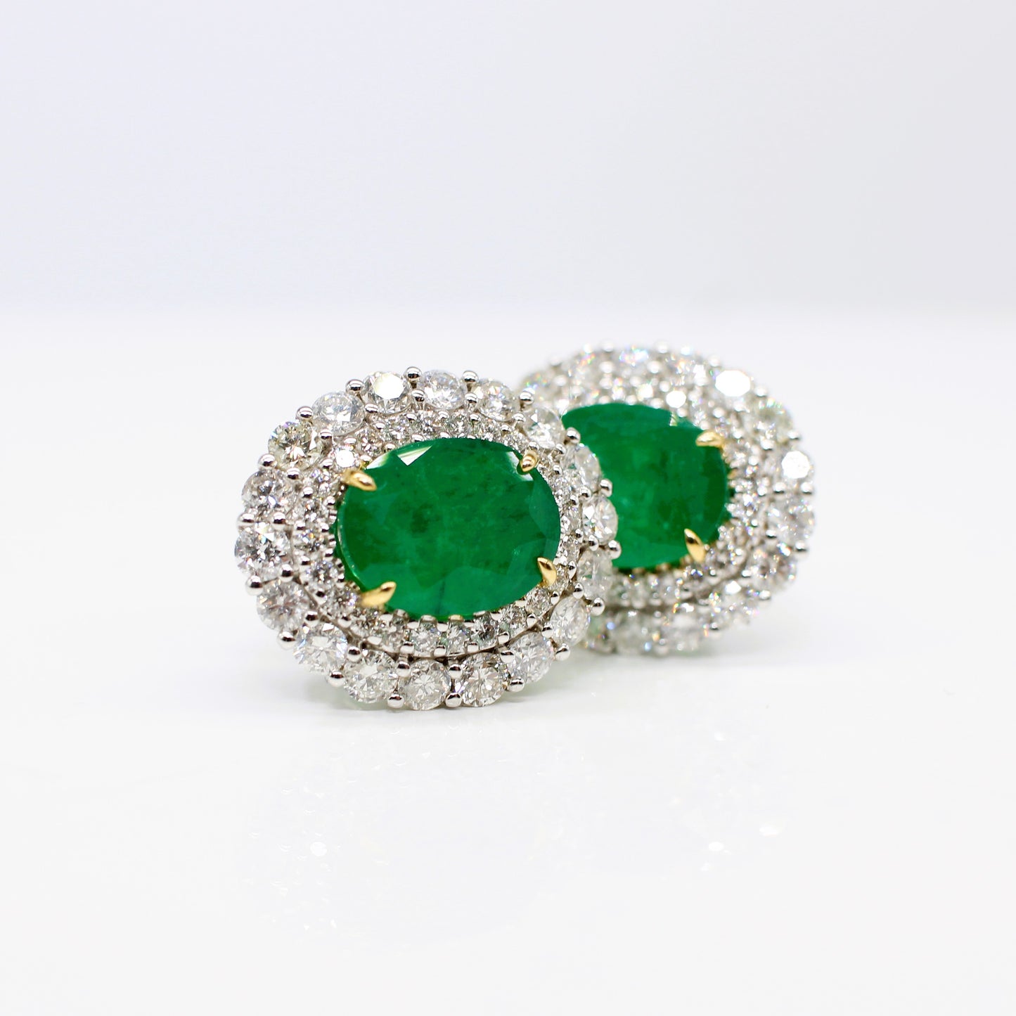 18K EMERALD & DIAMOND DOUBLE HALO EAR STUDS