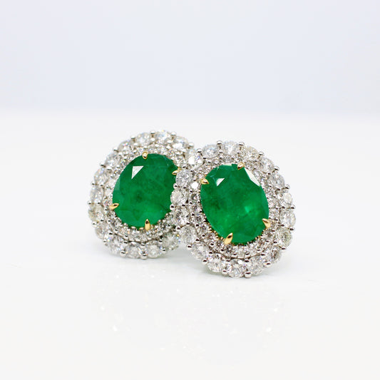 18K EMERALD & DIAMOND DOUBLE HALO EAR STUDS