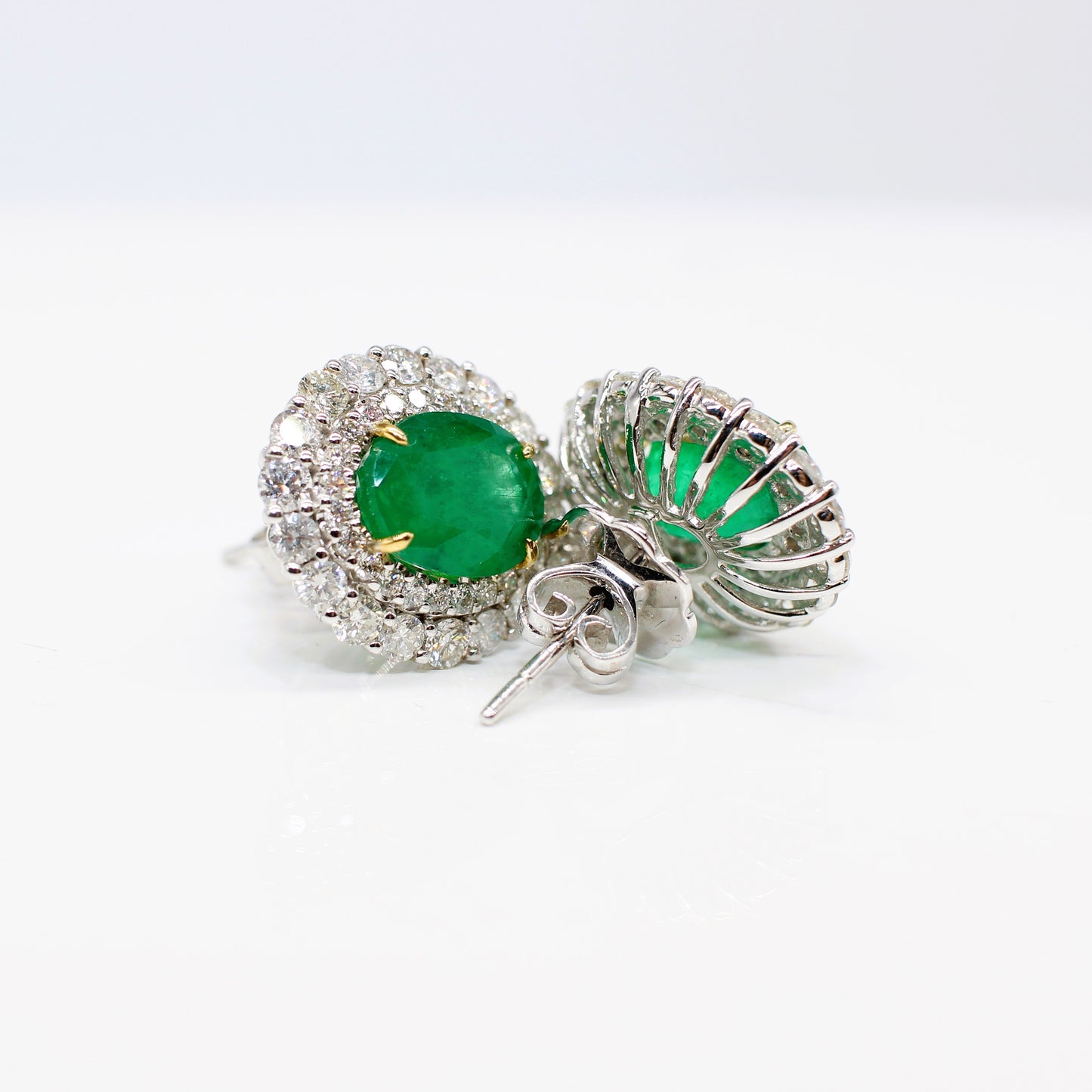 18K EMERALD & DIAMOND DOUBLE HALO EAR STUDS