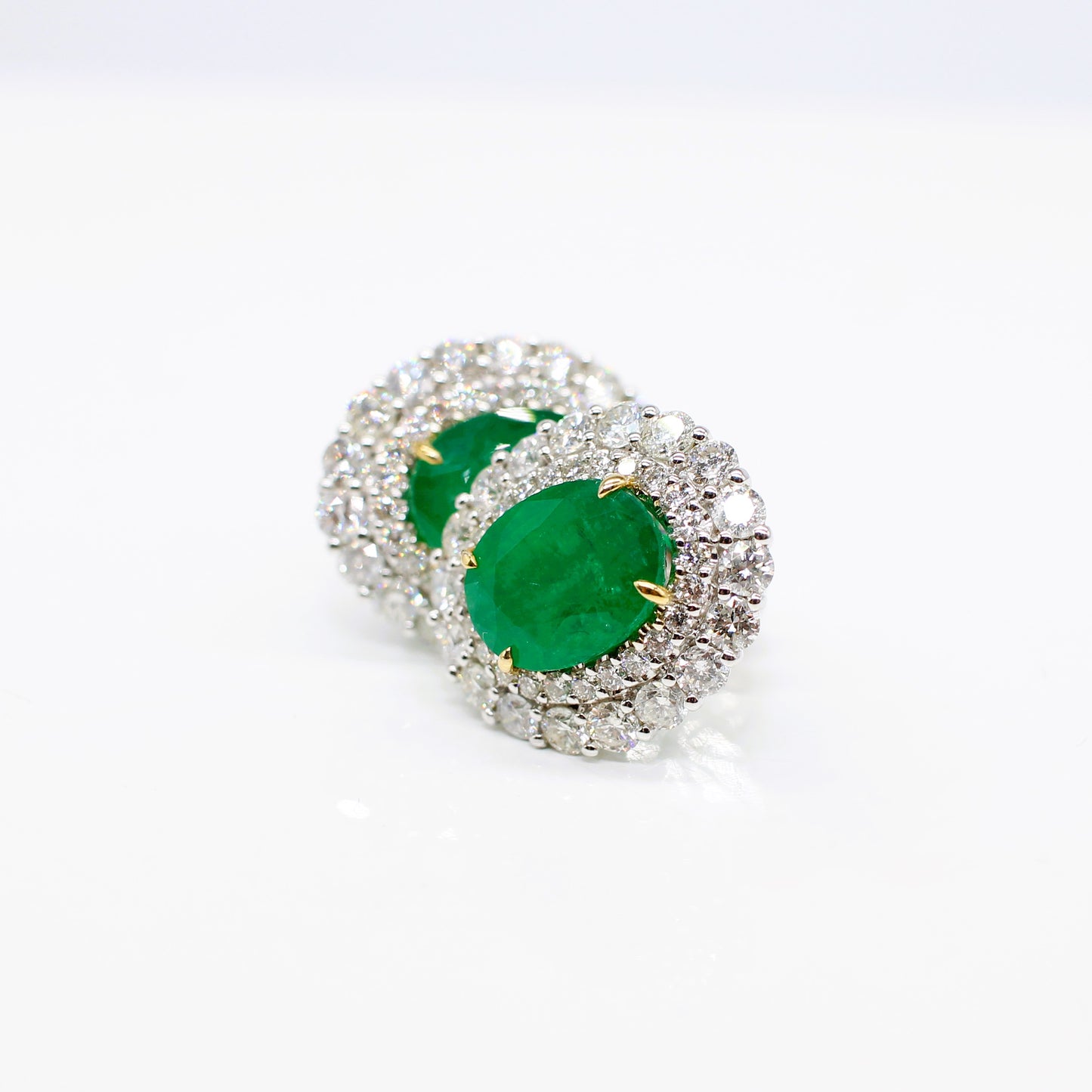 18K EMERALD & DIAMOND DOUBLE HALO EAR STUDS