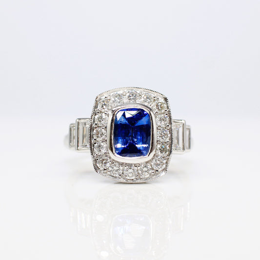 PLATINUM SAPPHIRE & DIAMOND ART DECO HALO RING