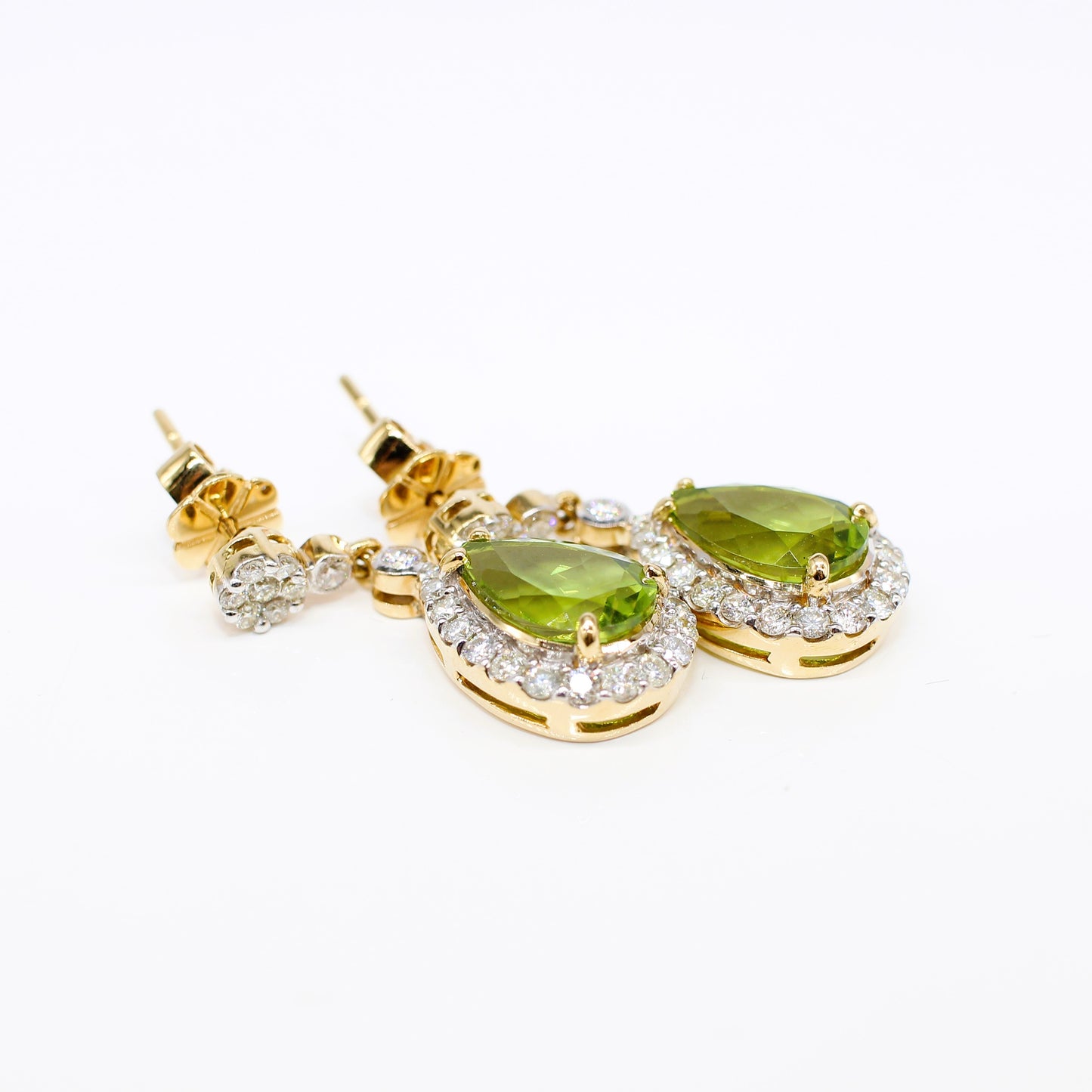 18K DIAMOND AND PERIDOT DROP HALO EARRINGS