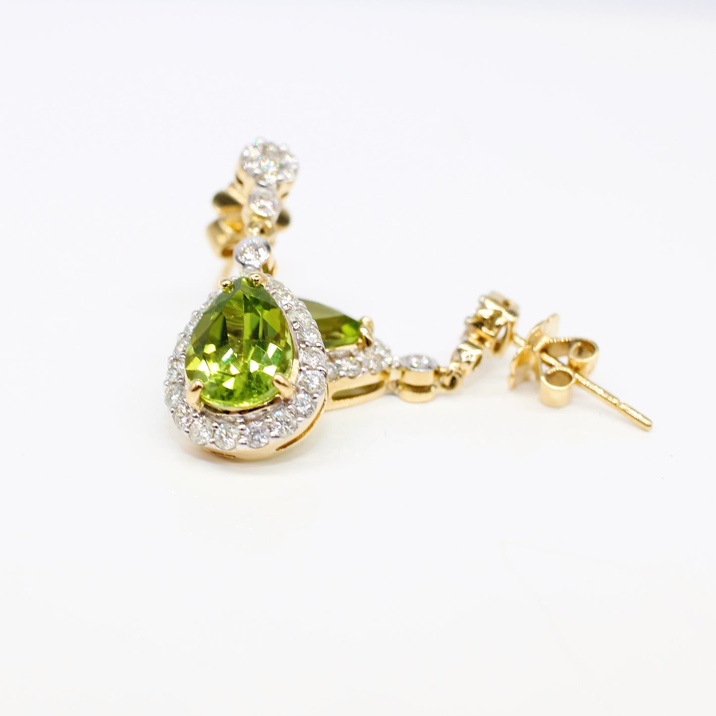 18K DIAMOND AND PERIDOT DROP HALO EARRINGS