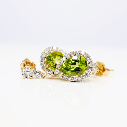 18K DIAMOND AND PERIDOT DROP HALO EARRINGS