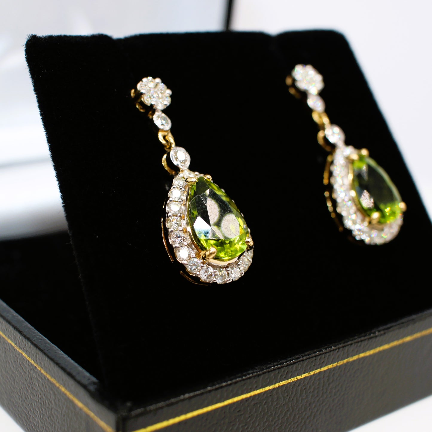 18K DIAMOND AND PERIDOT DROP HALO EARRINGS