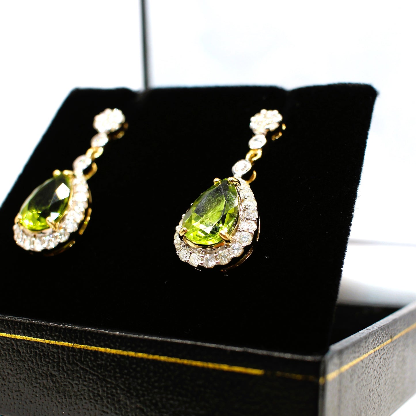 18K DIAMOND AND PERIDOT DROP HALO EARRINGS