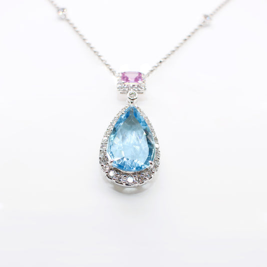 18K AQUAMARINE, PINK SAPPHIRE & DIAMOND NECKLACE