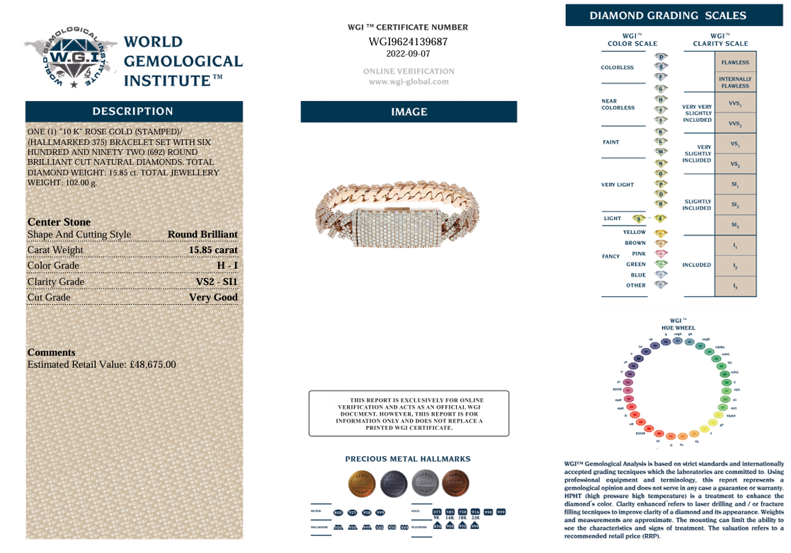 15.85CT DIAMOND ROSE GOLD CURB BRACELET
