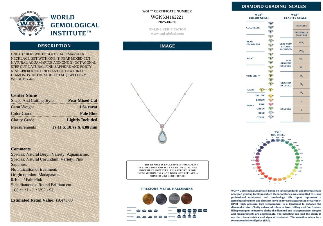 18K AQUAMARINE, PINK SAPPHIRE & DIAMOND NECKLACE