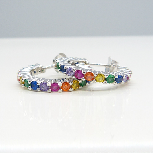 SILVER HALF HOOP RAINBOW EARRINGS