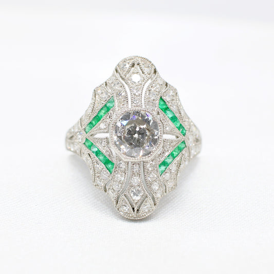 PLATINUM DIAMOND & EMERALD ART DECO STYLE DRESS RING