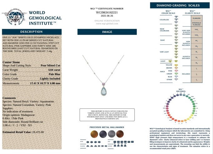 18K AQUAMARINE, PINK SAPPHIRE & DIAMOND NECKLACE