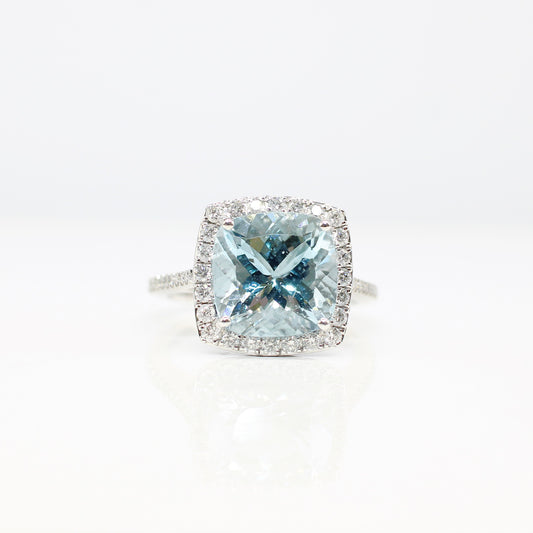 PLATINUM AQUAMARINE & DIAMOND HALO RING