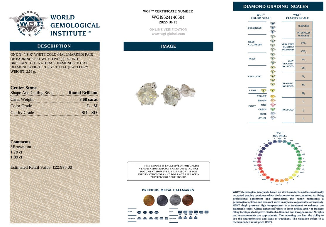 18K DIAMOND SOLITAIRE EARSTUDS 3.68CT