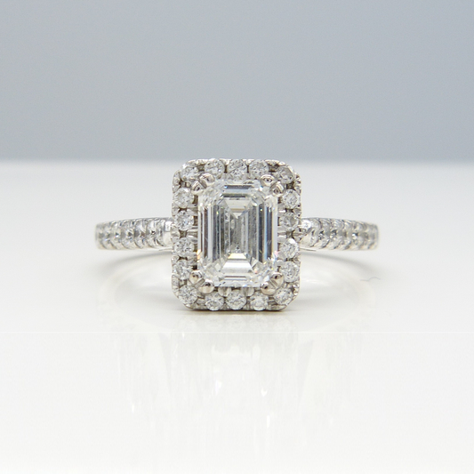1.14CT EMERALD-CUT DIAMOND HALO RING